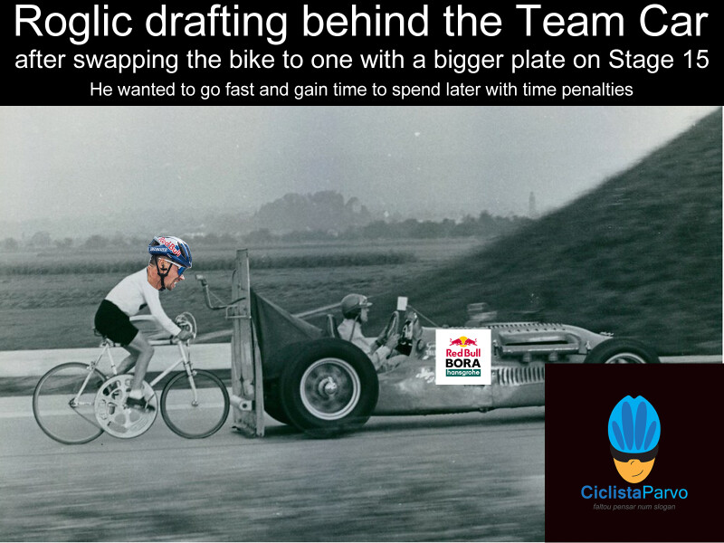 Roglic drafting behind the Team Car after swapping the bike to one with a bigger plate