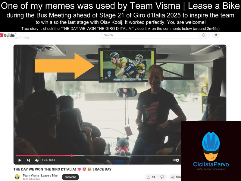 One of my memes was used by Team Visma | Lease a Bike during the Bus Meeting ahead of stage 21 of Giro d'Italia 2025 to inspire the team