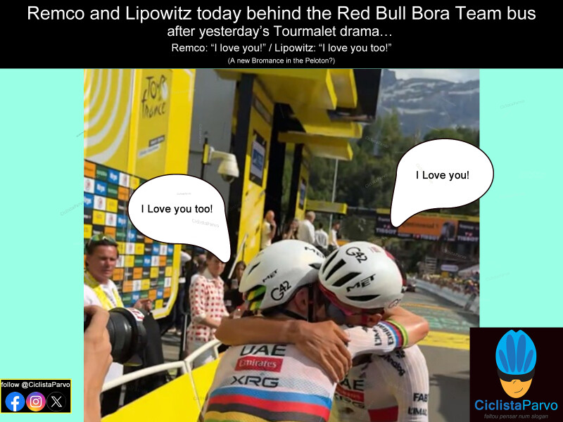Remco and Lipowitz today behind the Red Bull Bora Team bus