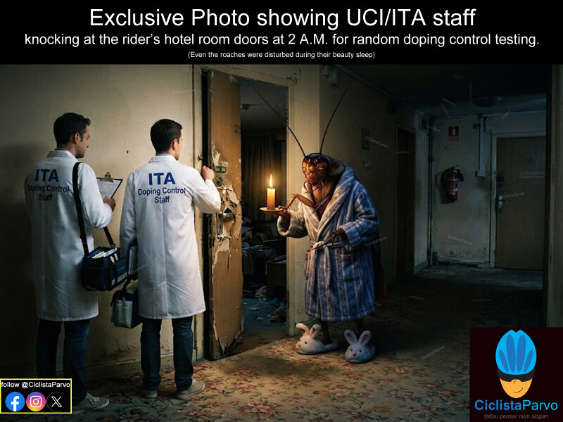Exclusive photo showing UCI/ITA staff  knocking at the rider's hotel room doors at 2 A.M